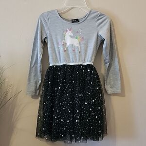 PINK & VIOLET GRAY AND BLACK UNICORN TULLE LONG-SLEEVE DRESS, SIZE 8